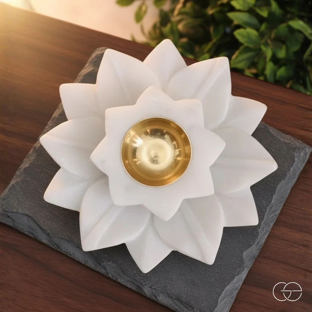Second image of White Marble Lotus Diya/Tea Light Holder Set